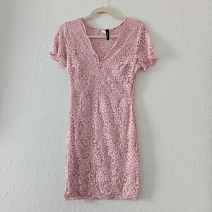 Women's Bodycon Mini Dress Lace Pink V Neck Short Sleeve Medium Floral Pattern